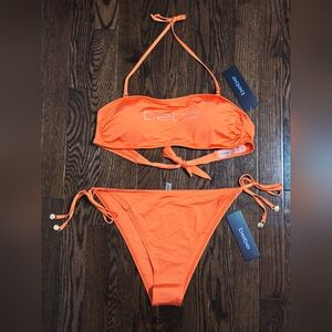 BEBE 2-Piece Rhinestone Triangle Orange Coral Bandeau Bikini Set Swimsuit XL